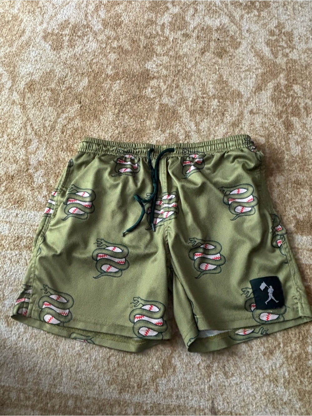 Baseballism YXL Olive Green Snake-Print Shorts with Drawstring